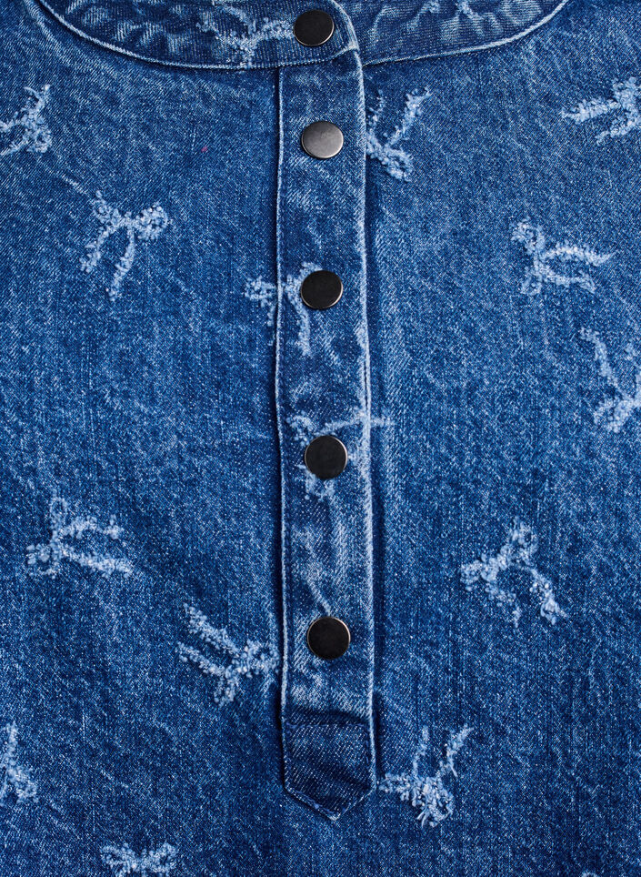 Kort denimkjole med A-linje snitt og sløyfemønster, Dark Blue Denim Bow, Packshot
