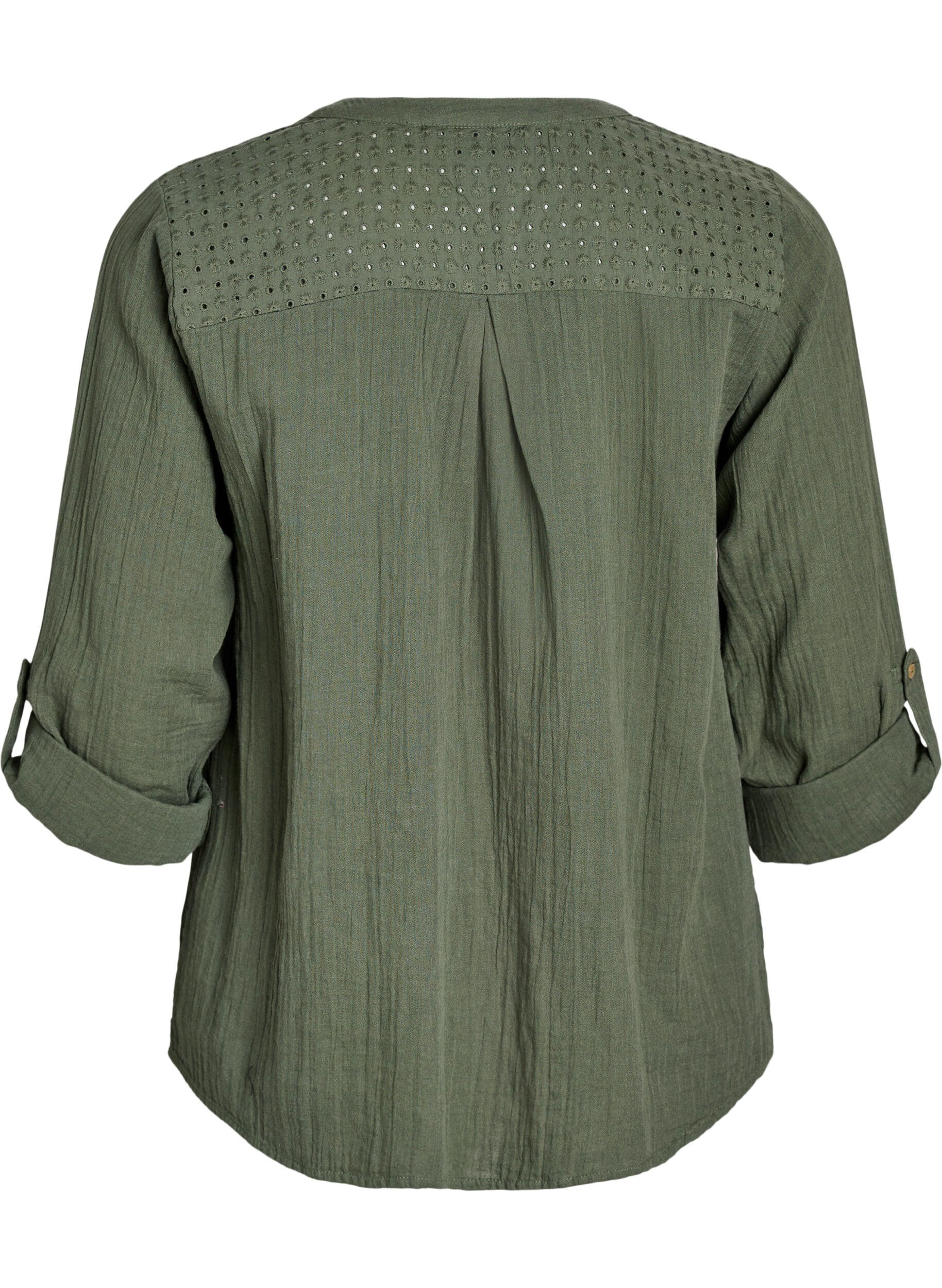 ZizziBluse i bomullsmuslin med broderi anglaise, Gr&oslash;nn, Packshot image number 1