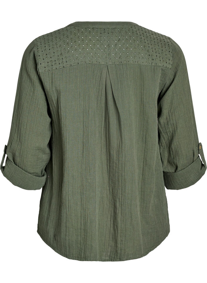 Bluse i bomullsmuslin med broderi anglaise, Gr&oslash;nn, Packshot image number 1