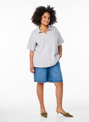 Zizzi Jerseybluse med krage og korte ermer, Grå, Model image number 1