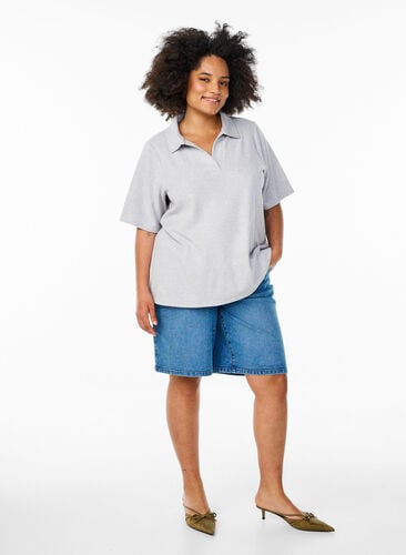 Zizzi Jerseybluse med krage og korte ermer, Grå, Model image number 1