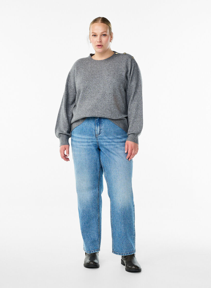 Strikket bluse med knappdetalj, Gr&aring;, Model image number 1