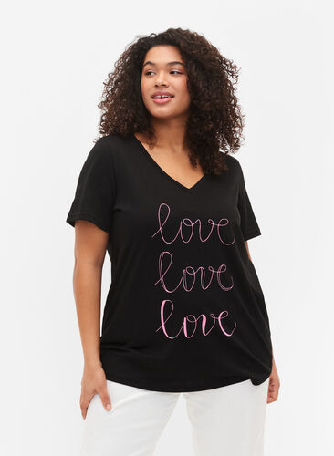T-skjorte i bomull med V-hals og trykk, Black W. Love, Model image number 0