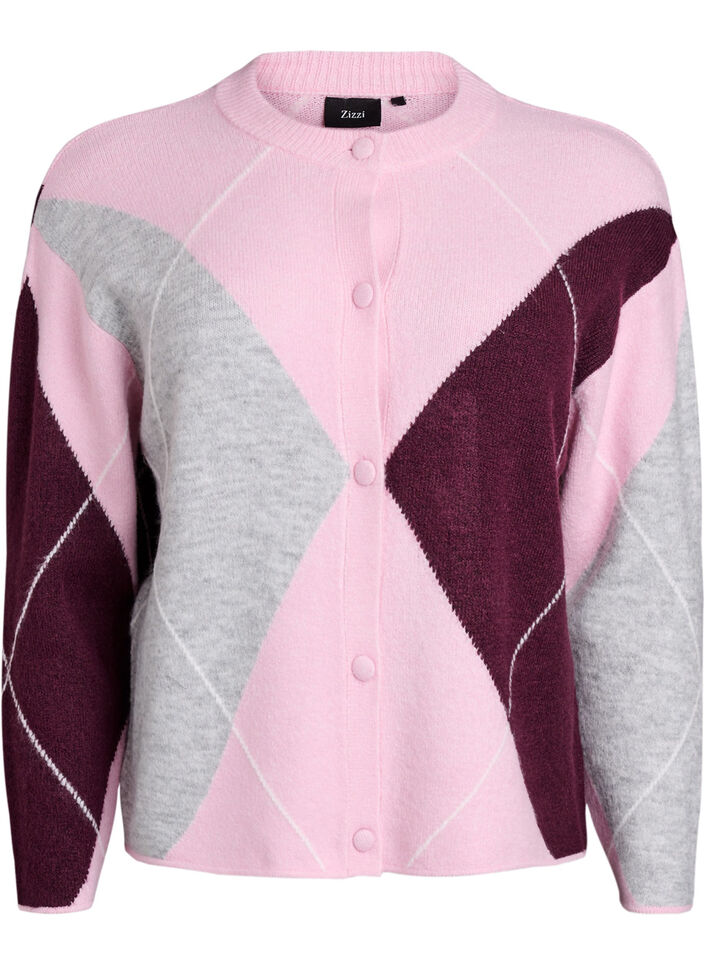 Cardigan med argylemønster og rund hals, Rosa, Packshot image number 0