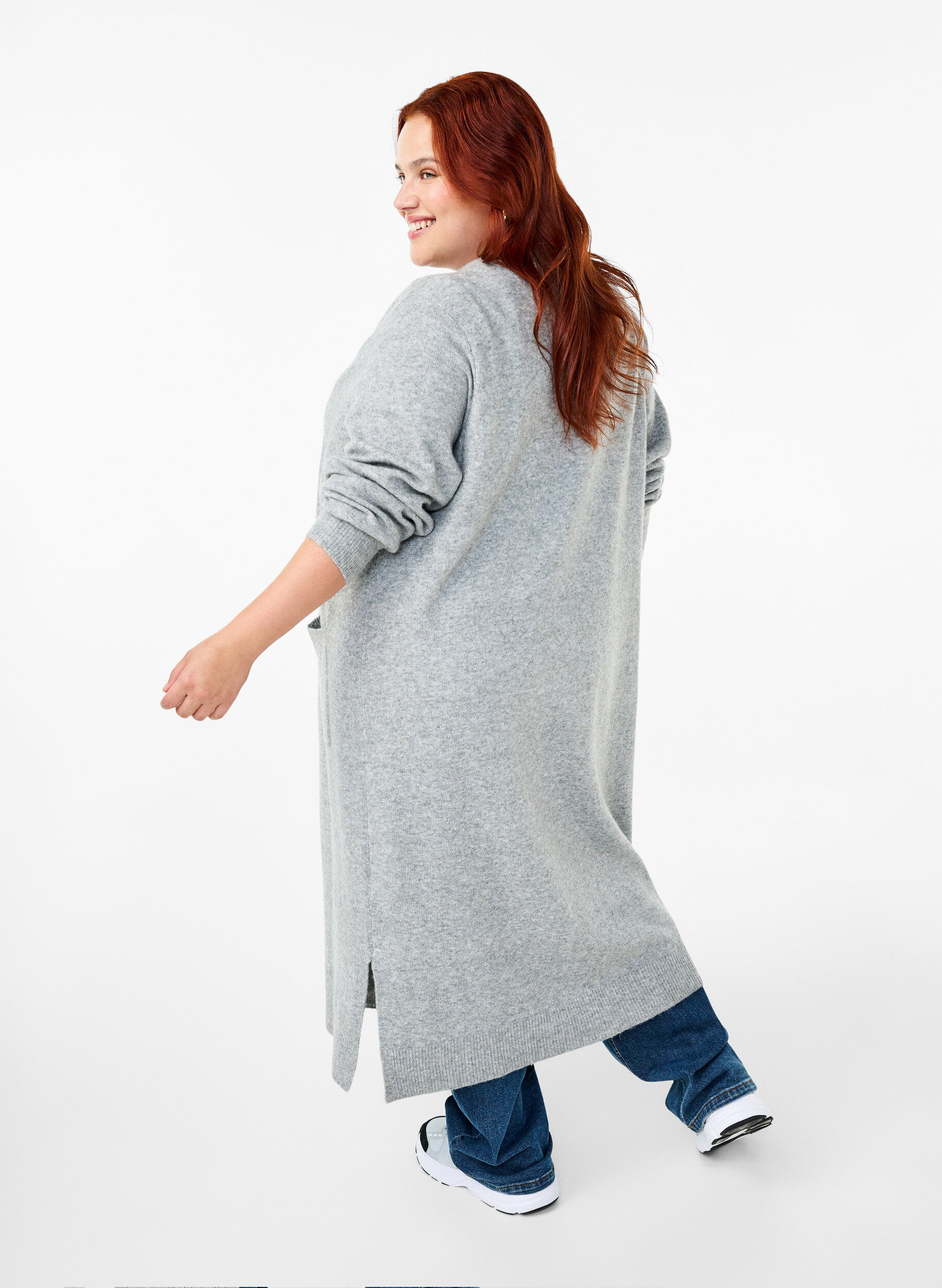 Zizzi Lang strikket cardigan med lommer, Light Grey Melange, Model image number 1