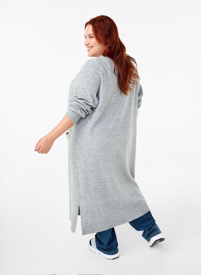 Lang strikket cardigan med lommer, Light Grey Melange, Model image number 1