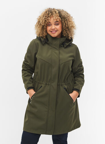 Lang softshelljakke med hette, Forest Night Solid, Model image number 0