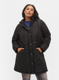 Quiltet termojakke med fleecefor og avtagbar hette, Black, Model