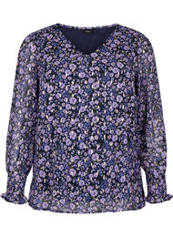 Blomstrete bluse med lange ermer og V-hals, Purple Ditzy Flower
