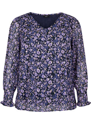 Blomstrete bluse med lange ermer og V-hals, Purple Ditzy Flower, Packshot image number 0