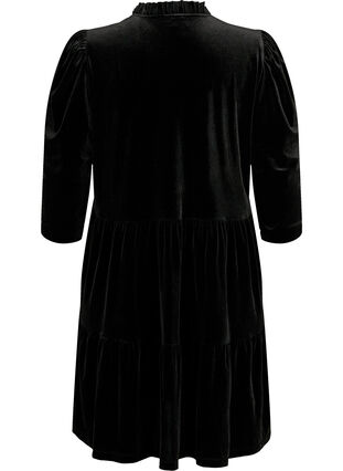 Velurkjole med rysjekrage og trekvartlange ermer, Black, Packshot image number 1