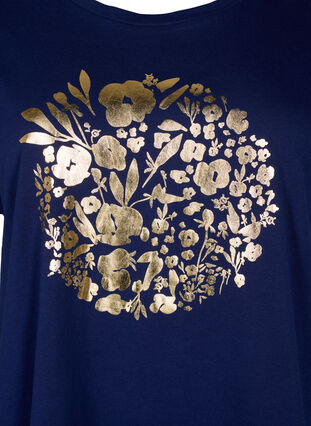 T-skjorte i økologisk bomull med gulltrykk, Med.Blue Gold Flower, Packshot image number 2