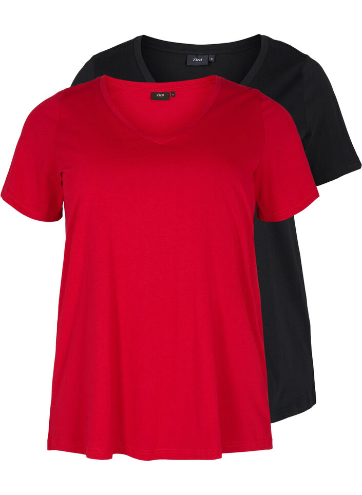 Basis T-skjorter i bomull 2 stk., Tango Red/Black, Packshot image number 0