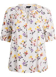Blomstret viskosebluse med halvlange ermer, White w. flowers