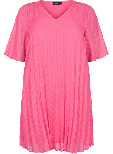 Kjole med korte ermer og struktur, Shocking Pink, Packshot image number 0