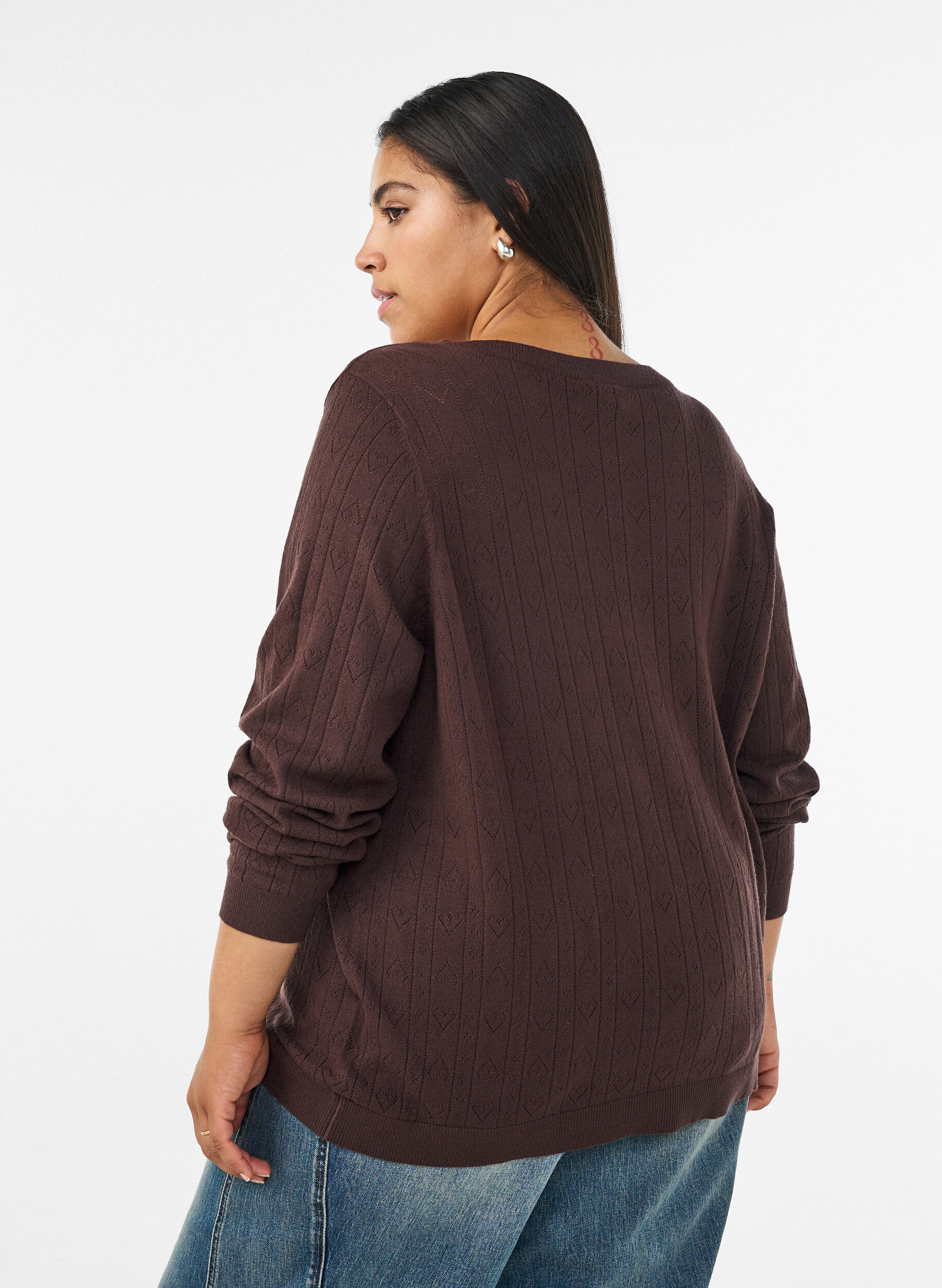 ZizziStrikket cardigan med hjerte hullbroderi, Brun, Model image number 2