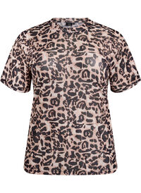 Bluse i mesh med korte ermer, Brun Bluse i mesh med korte ermer