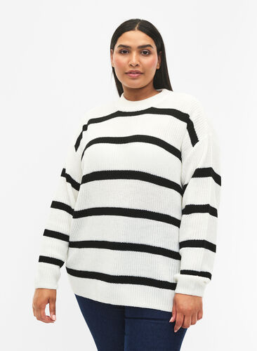 FLASH - Strikket genser med striper, White/Black Stripe, Model image number 0