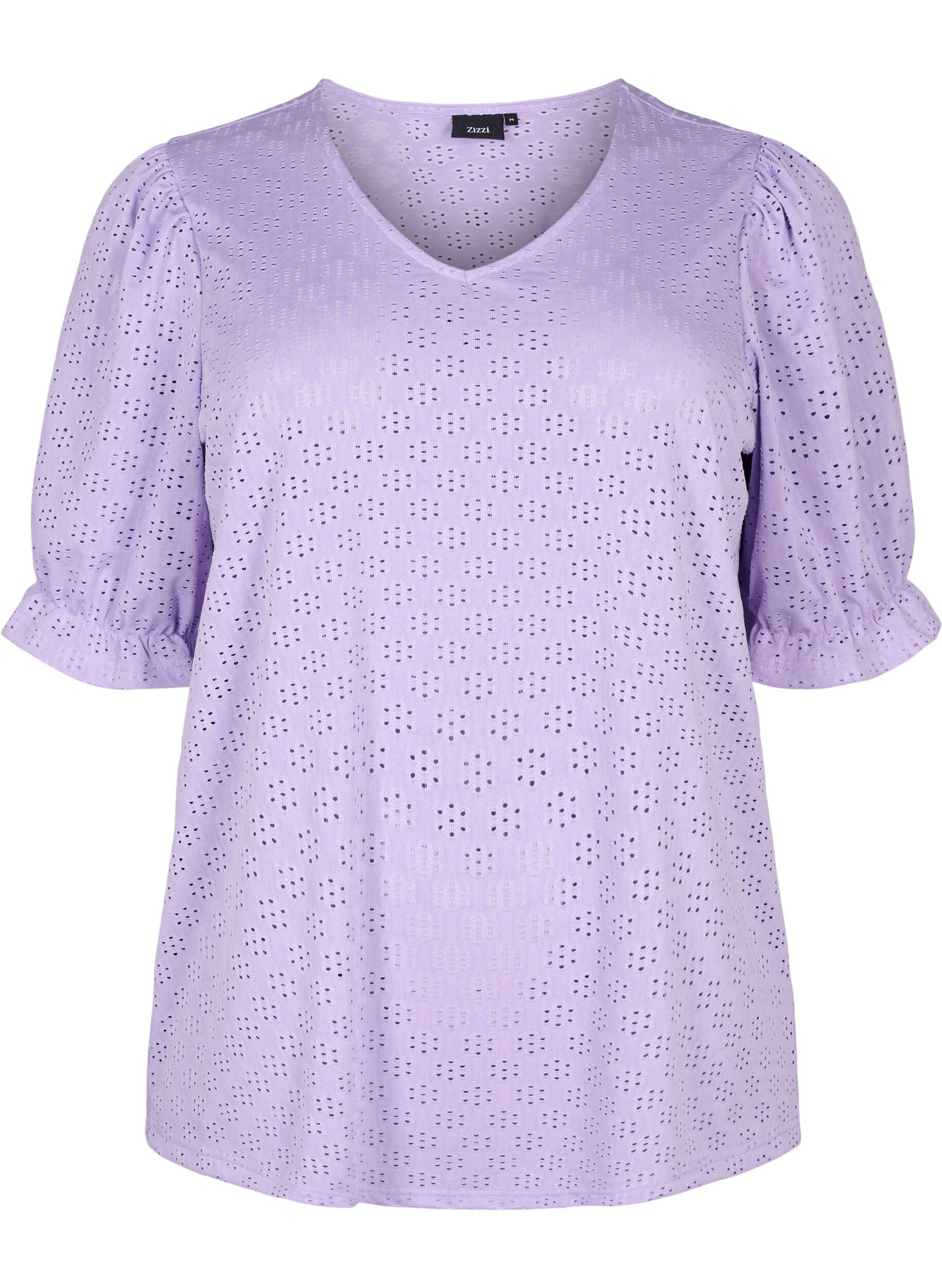 Zizzi Bluse med V-hals og hullm&oslash;nster, Viola, Packshot image number 0
