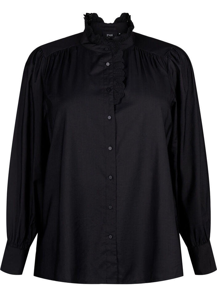 Viscose skjorte Bluse med ruffles, Black, Packshot image number 0
