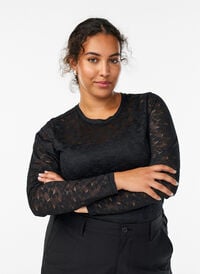 Bluse med blonder, rund hals og slim fit, Svart Bluse med blonder, rund hals og slim fit, Svart, Model