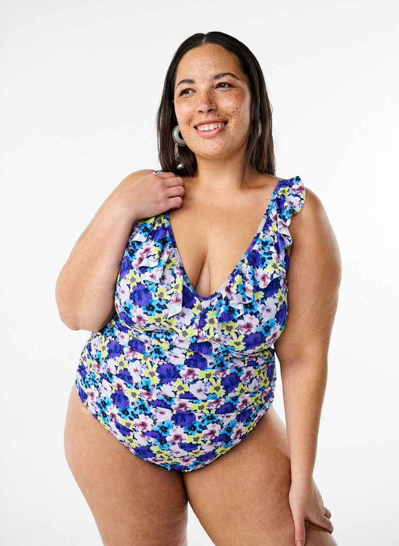 Blomstret badedrakt med volanger og avtagbare innlegg, Lilla, Model image number 0
