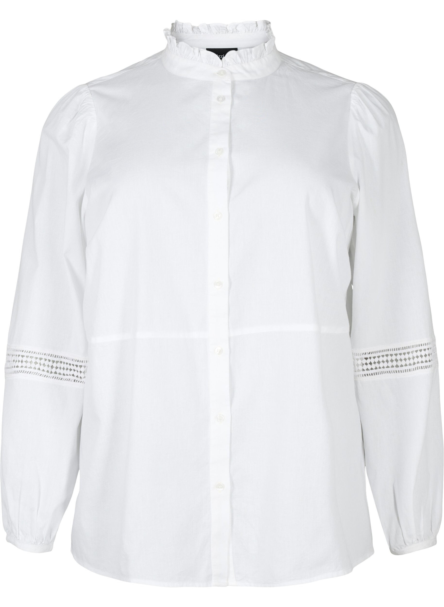 Zizzi Skjortebluse med volang krage og heklet b&aring;nd, Bright White, Packshot image number 0