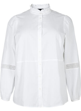 Skjortebluse med volang krage og heklet bånd, Bright White, Packshot image number 0