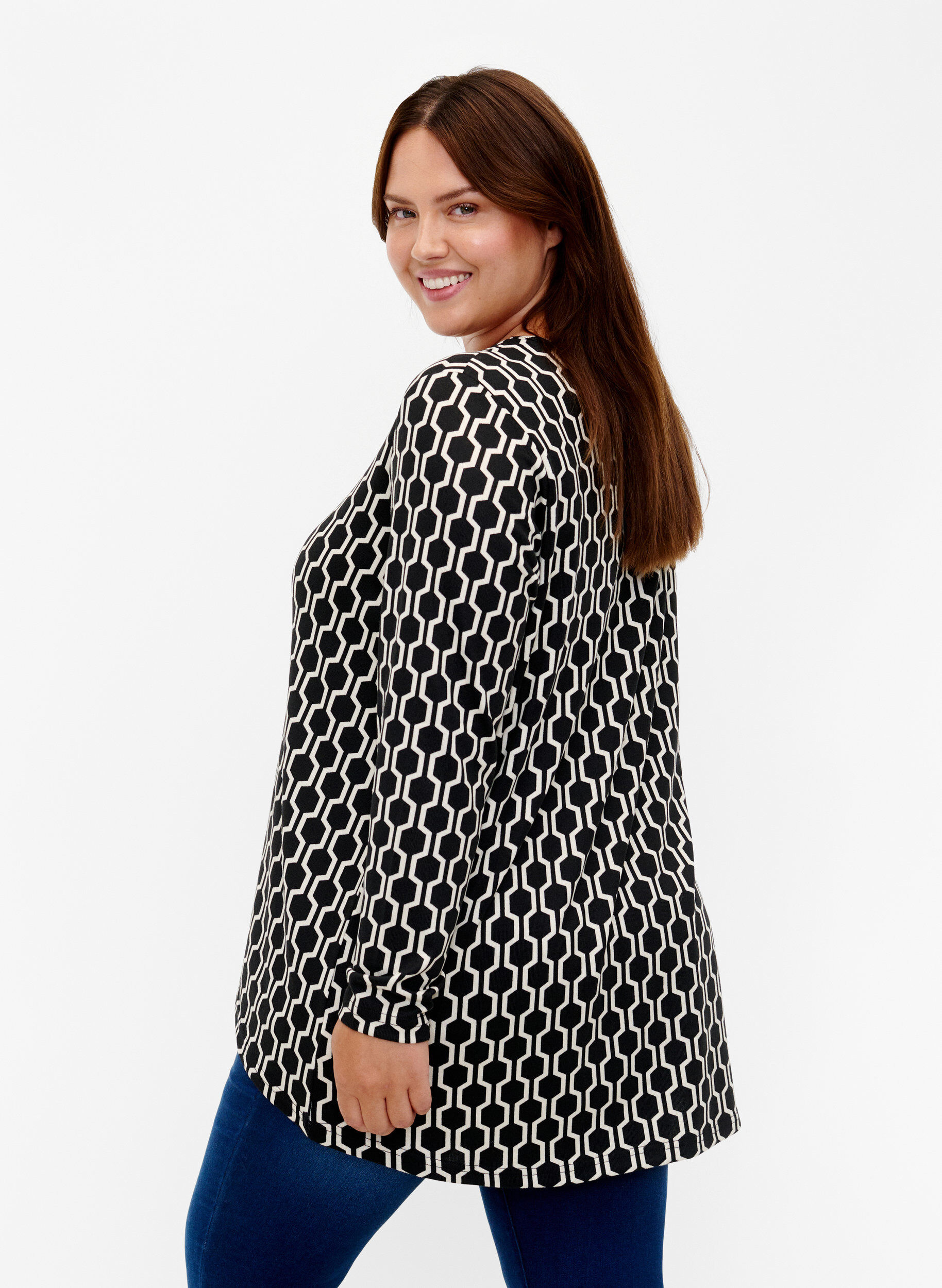 Zizzi M&oslash;nstret bluse med lange ermer, Birch W. Graphic, Model image number 1