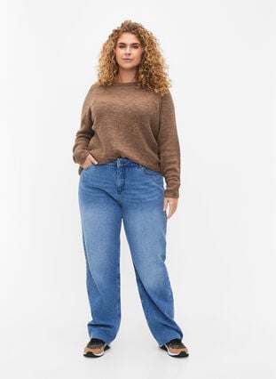 Zizzi Melert genser med rund hals, Caribou Mel., Model image number 2