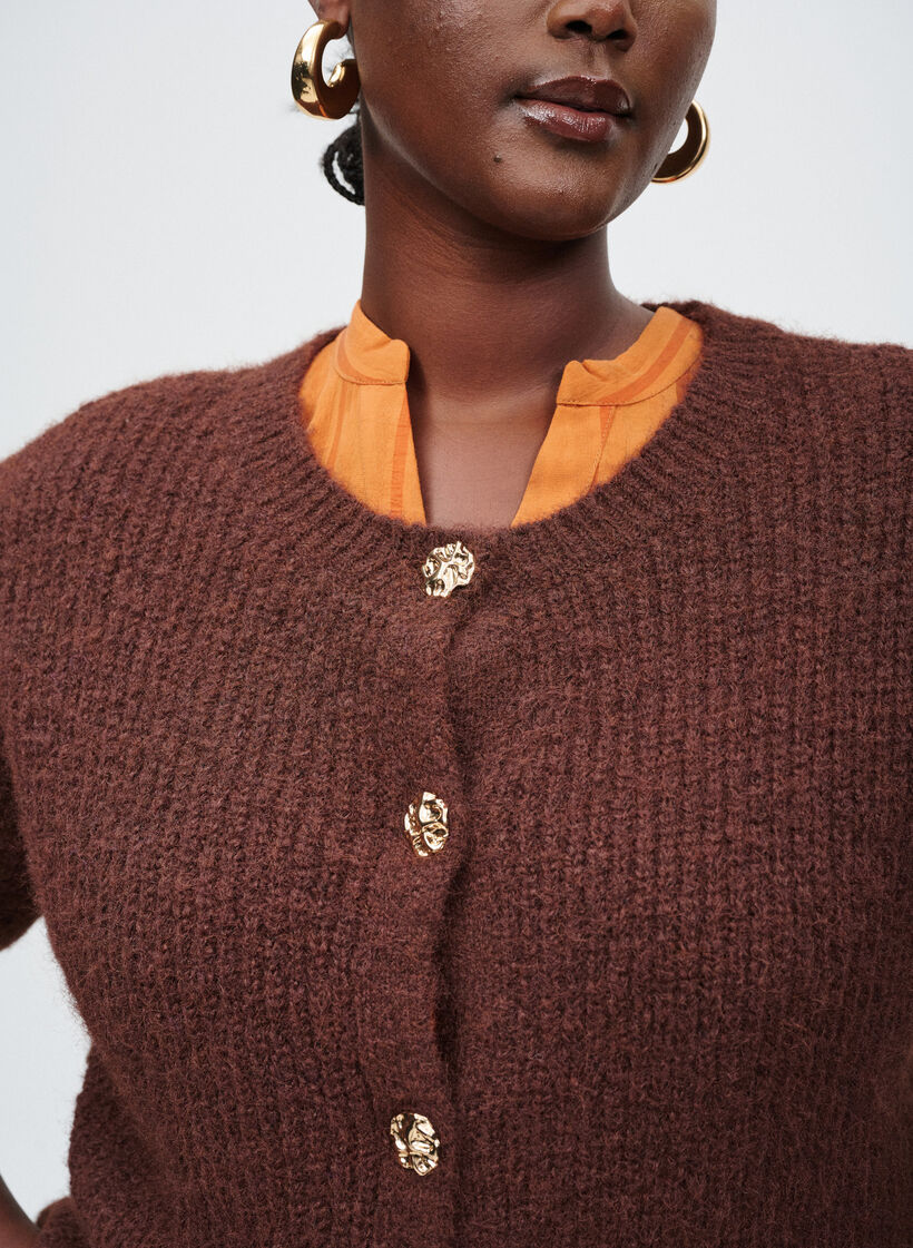 Kort cardigan med 3/4-ermer og gullfargede teksturerte knapper, Brown Stone Mel., Image