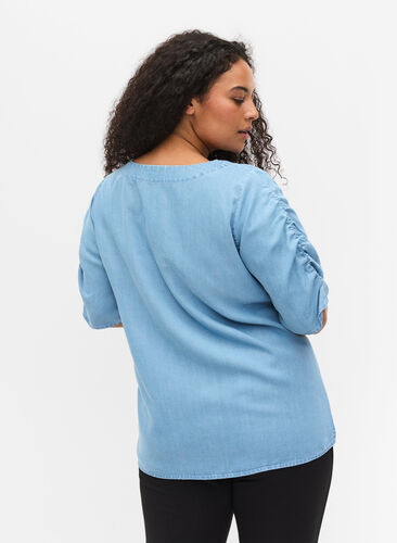 Bluse med draperte ermer, Light blue denim, Model image number 1