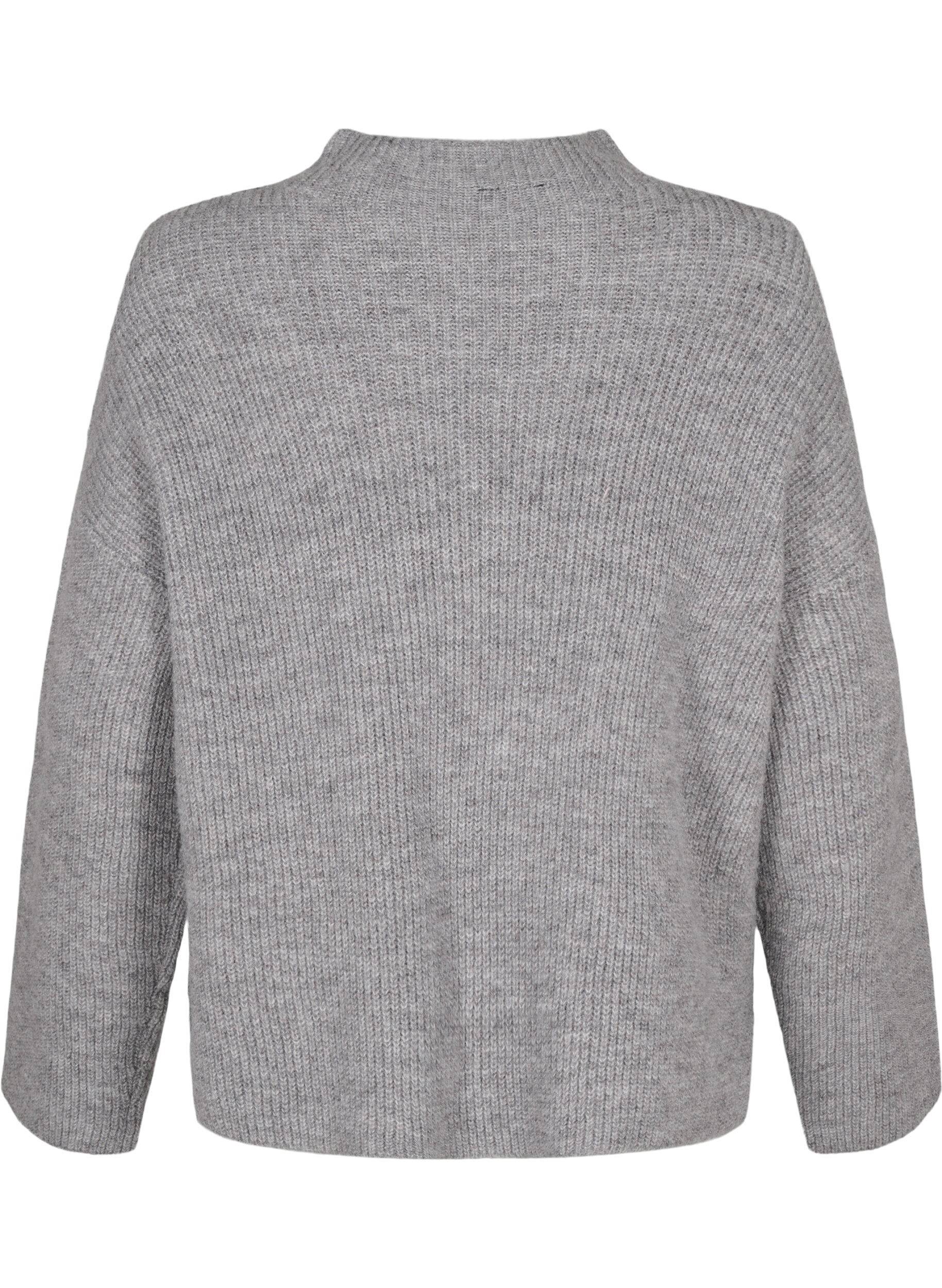 Zizzi Strikket bluse med ull og kontraststriper, Medium Grey Melange, Packshot image number 1