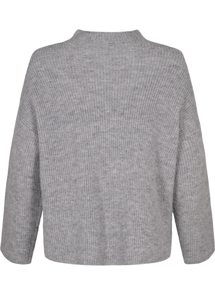 Strikket bluse med ull og kontraststriper, Medium Grey Melange, Packshot image number 1