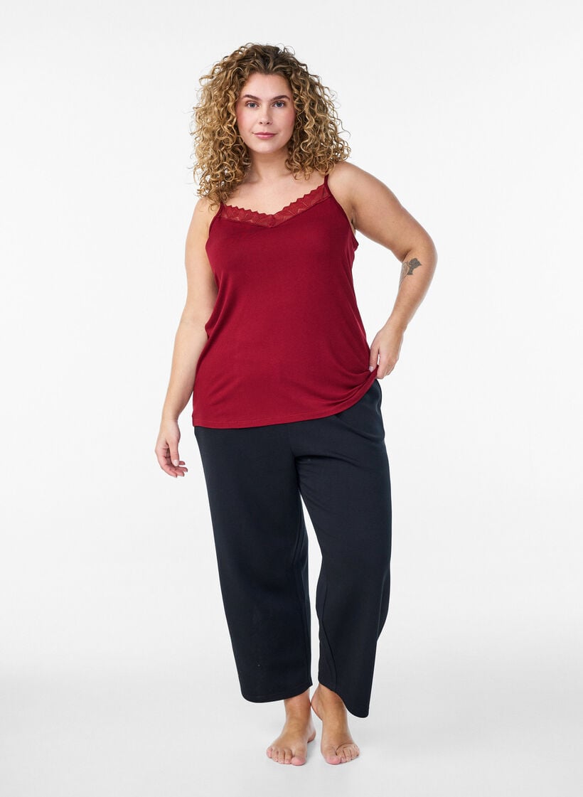 Topp med blondedetaljer og spaghetti-stropper, Brun, Model image number 1