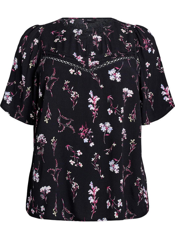 Blomstret bluse med korte ermer, Svart, Packshot image number 0