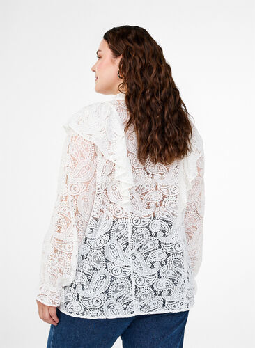 Zizzi Skjortebluse med blonder og volangedetaljer, Snow White, Model image number 1