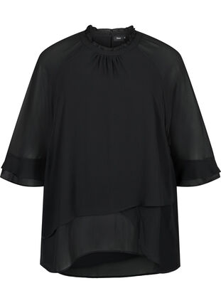 Bluse som er asymmetrisk nederst og med 3/4 ermer, Black, Packshot image number 0