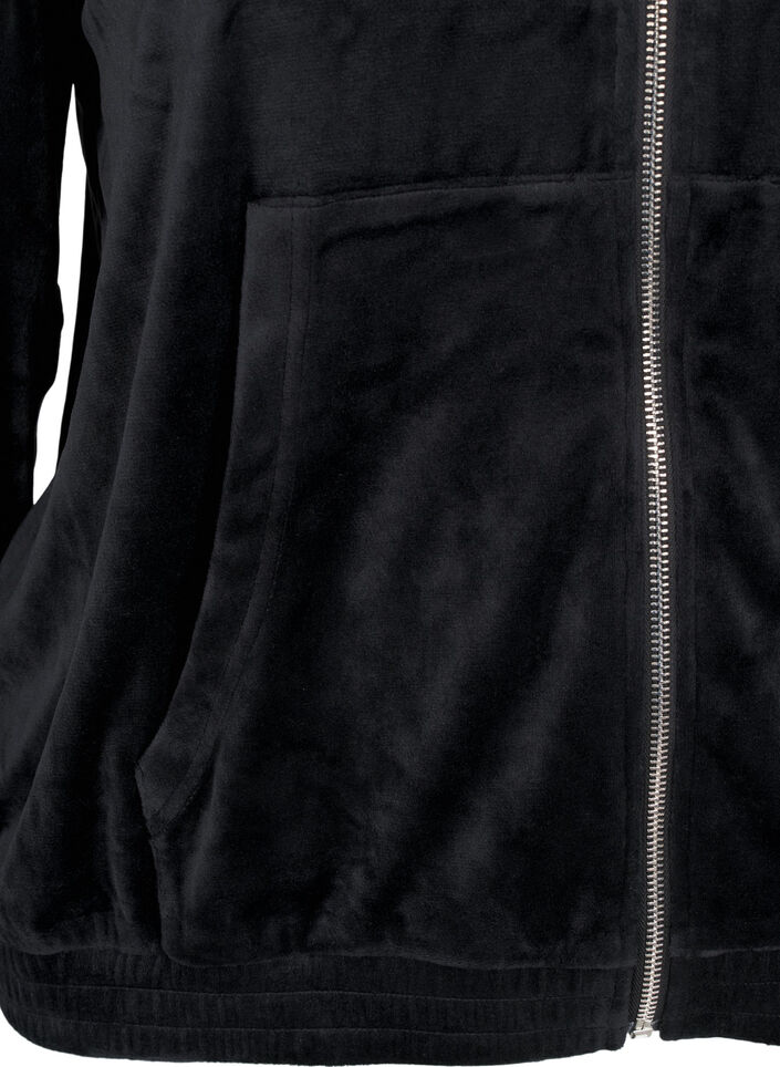 Velour cardigan med hette, Black, Packshot image number 3