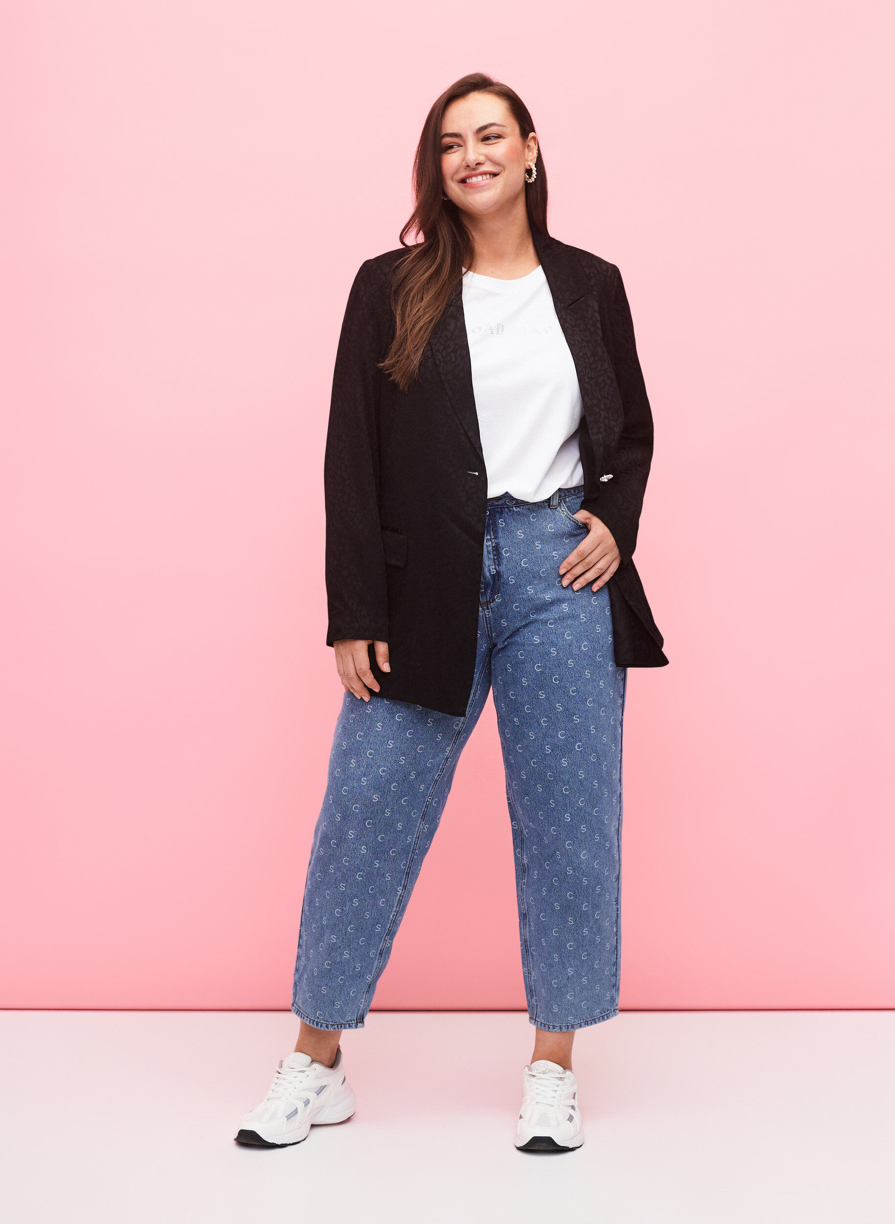 Zizzi Cropped jeans med trykk og h&oslash;y midje, Blue denim, Model image number 0