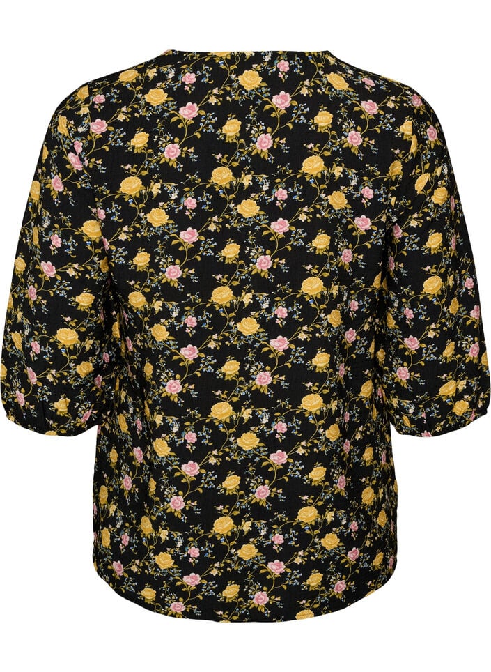 M&oslash;nstret viskosebluse med 3/4-ermer, Svart, Packshot image number 1