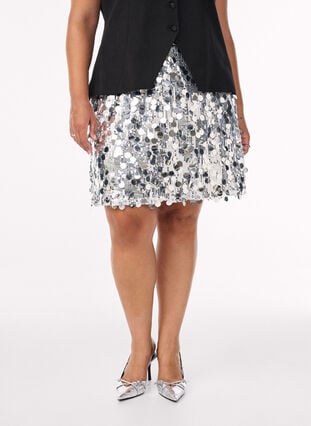 Zizzi Kort paljettskjørt med elastisk midjebånd, Sølv, Model image number 2