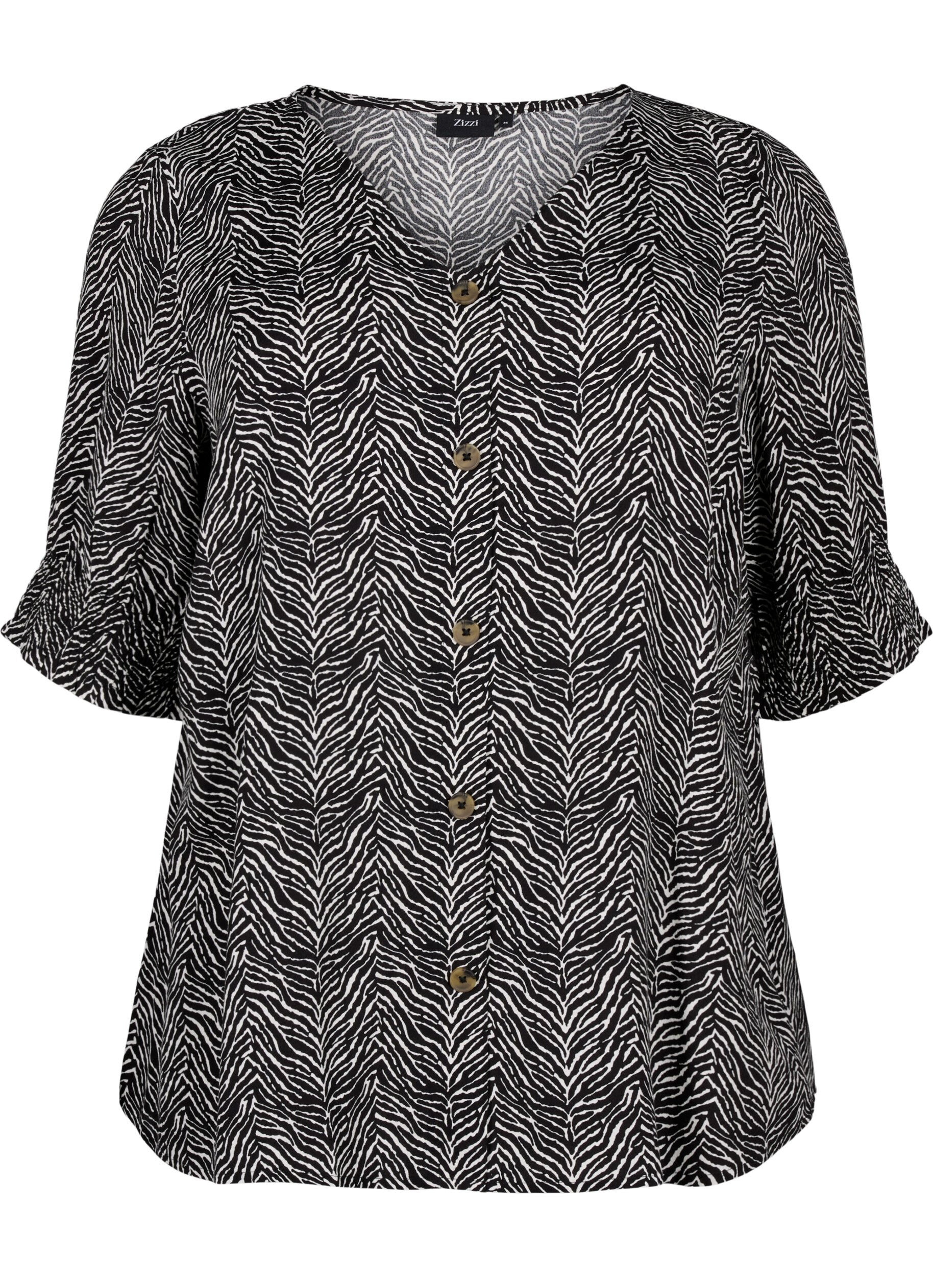 Zizzi Bluse i viskose med knapper, Black Graphic AOP, Packshot image number 0