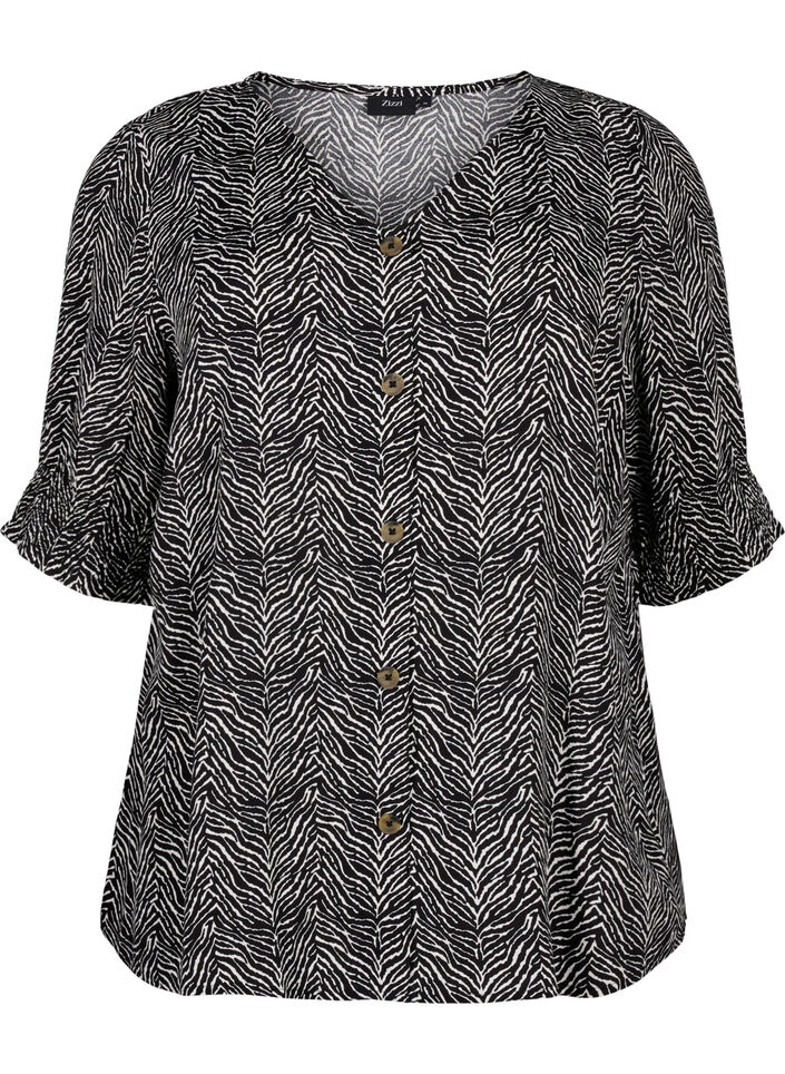 Bluse i viskose med knapper, Black Graphic AOP, Packshot image number 0