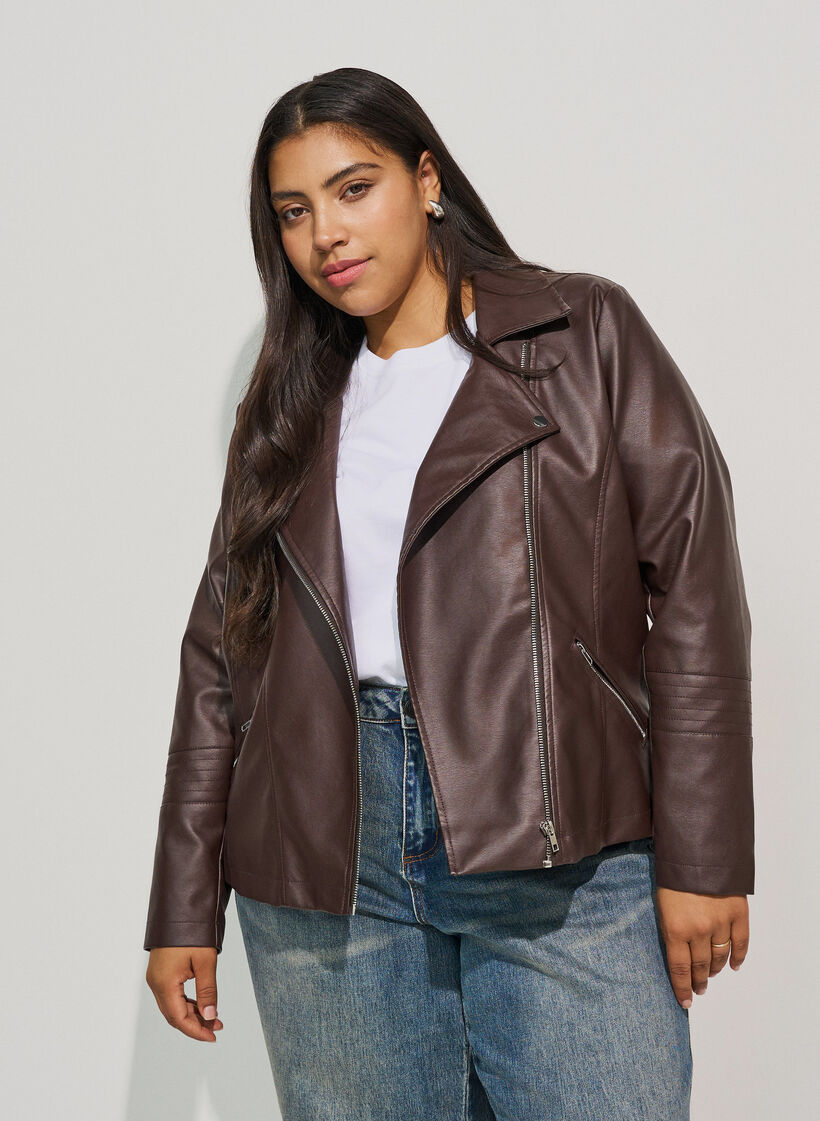 Bikerjakke i imitert skinn, Brun, Model image number 3