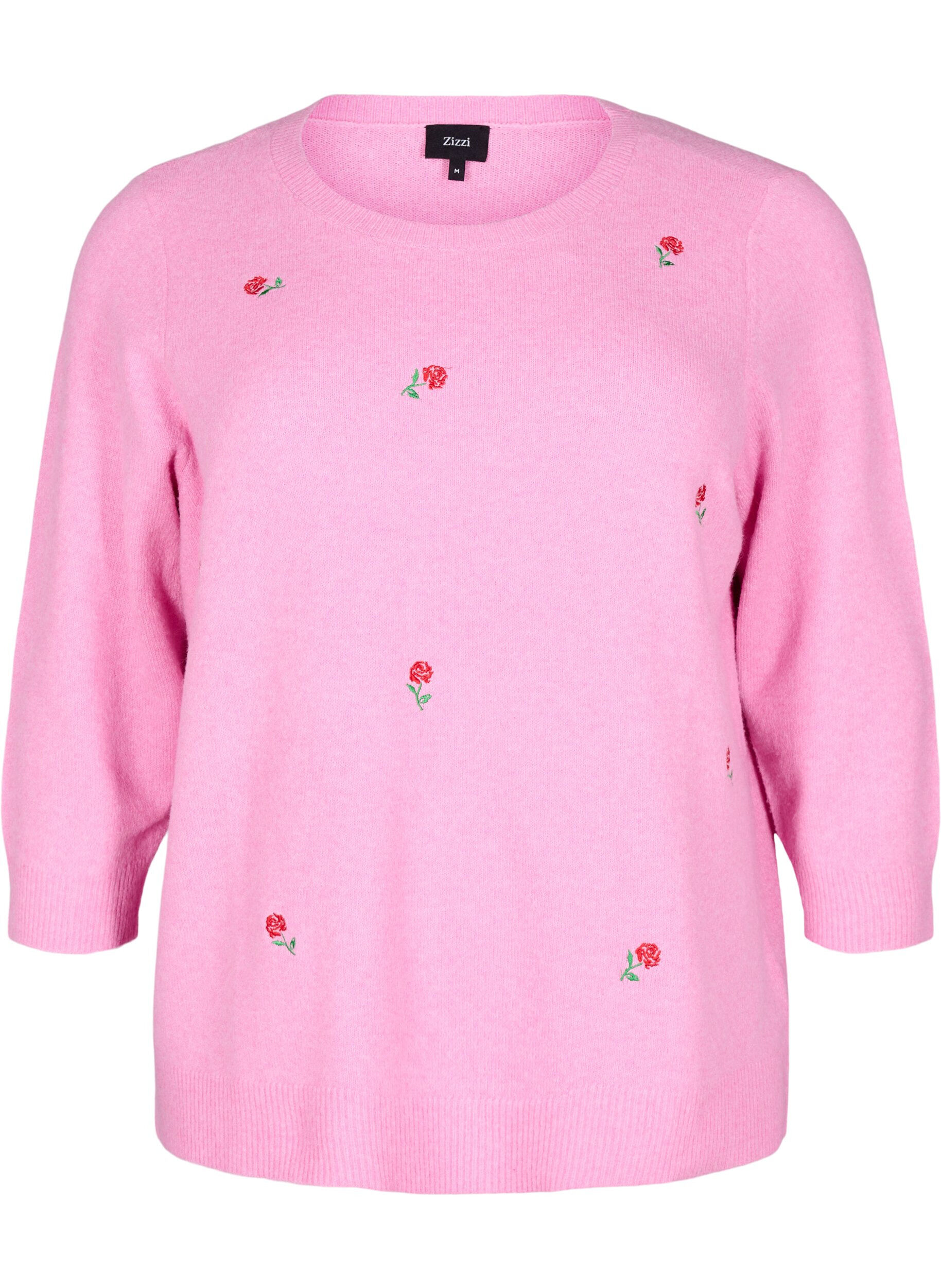 Zizzi Strikket bluse med blomster og 3/4 ermer, Begonia Pink Mel., Packshot image number 0