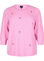 Strikket bluse med blomster og 3/4 ermer, Begonia Pink Mel.