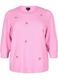 Strikket bluse med blomster og 3/4 ermer, Begonia Pink Mel. Strikket bluse med blomster og 3/4 ermer