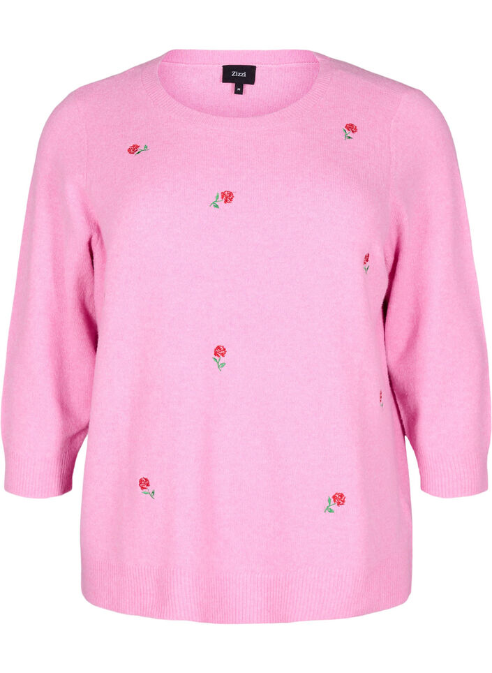 Strikket bluse med blomster og 3/4 ermer, Begonia Pink Mel., Packshot image number 0