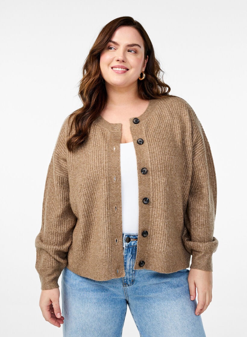 Ribbestrikket cardigan med knapper, Brun, Model image number 0